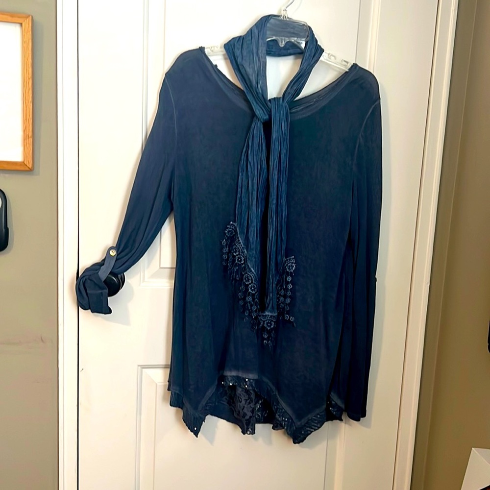 Long soft blue knit top with scarf, bling and lace